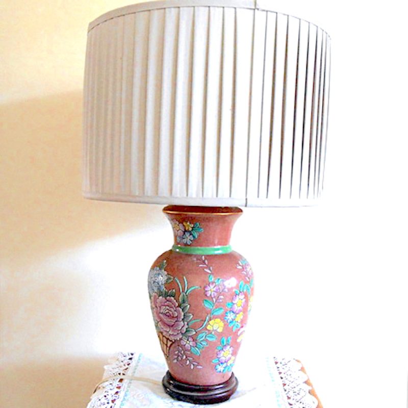 Lampe - Vieux rose PLISSÉ décor fleuri