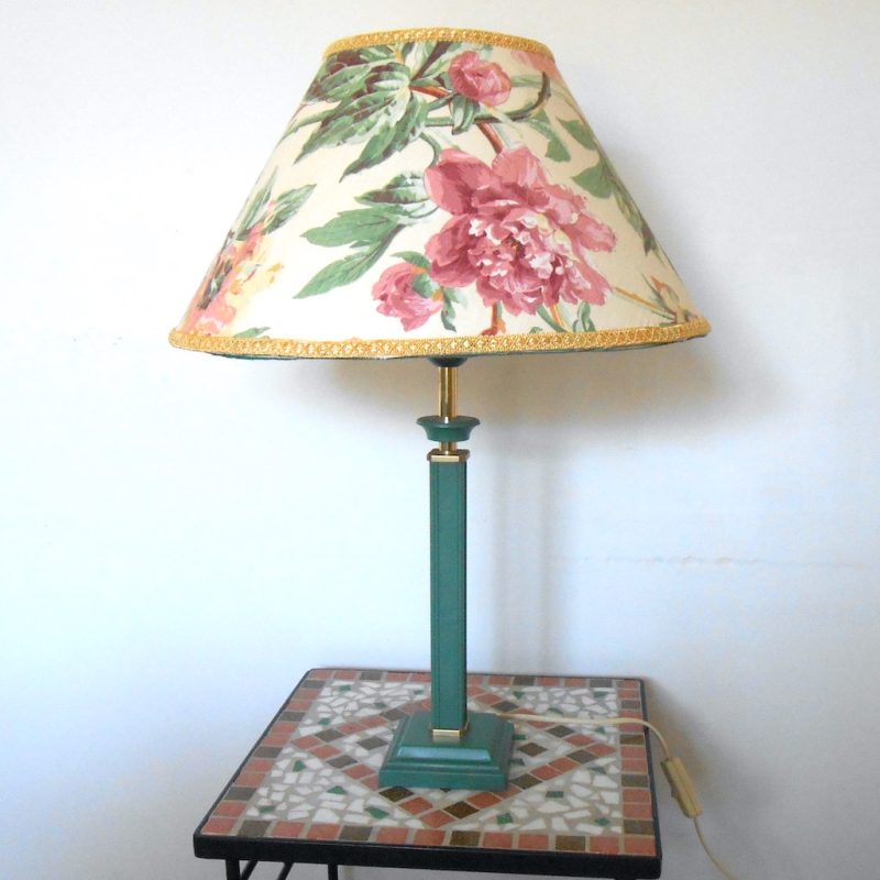 Lampe - pied vert abat-jour fleurs