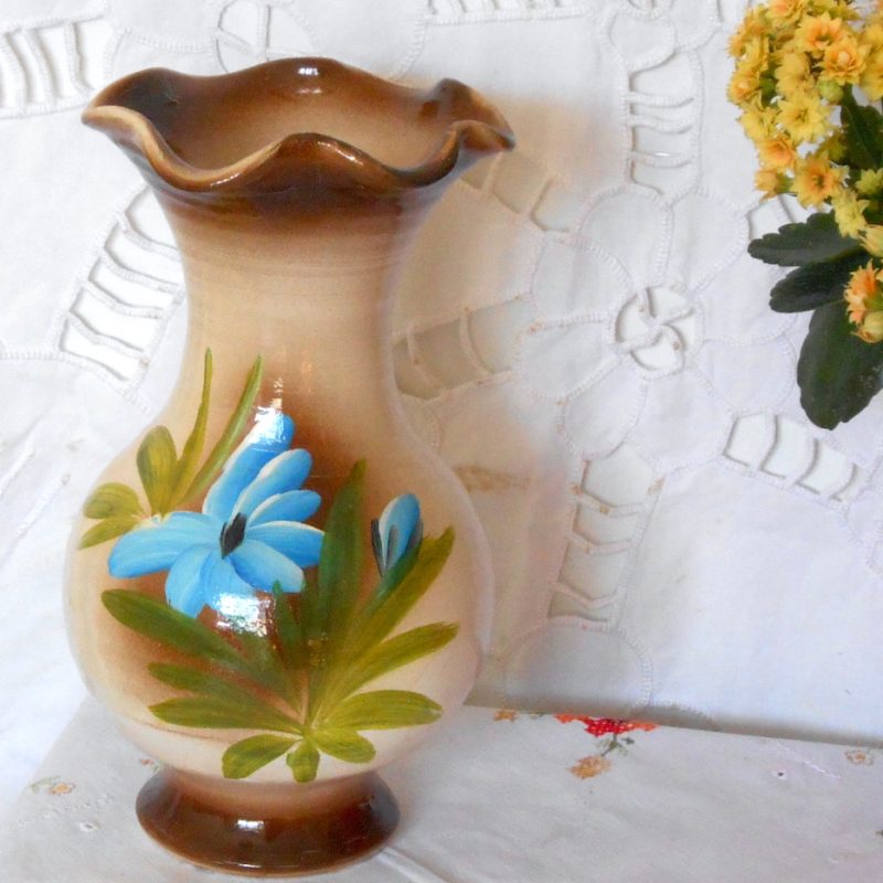 Vase - Beige marron fleur bleue