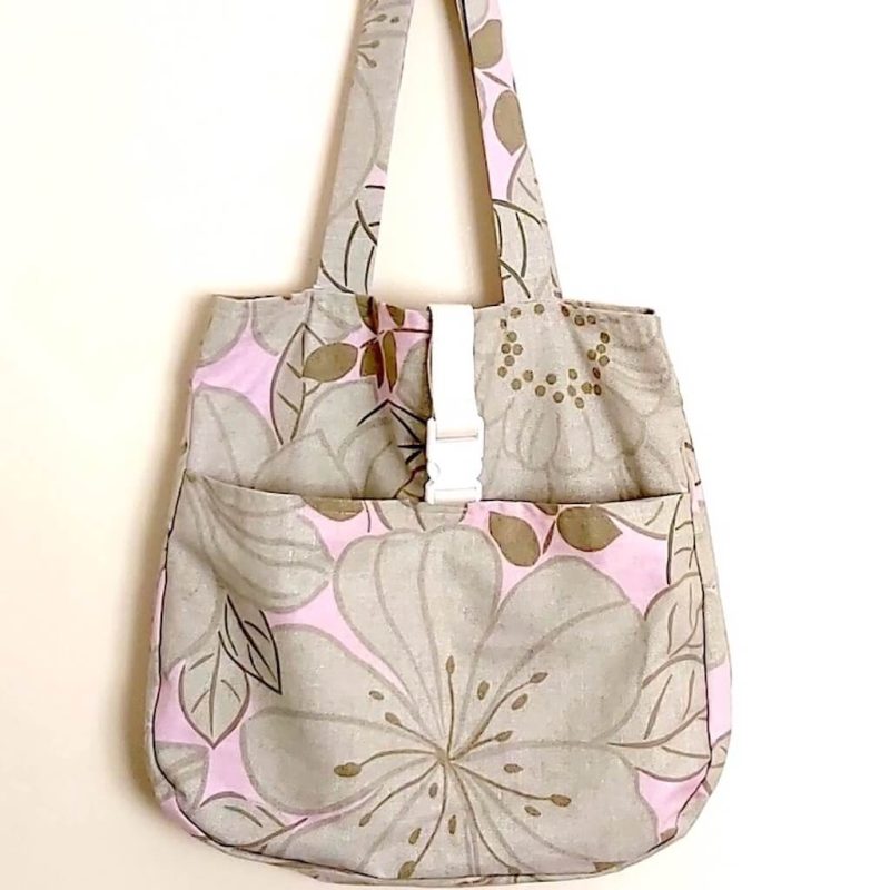 Cabas plage toile beige grosses fleurs roses