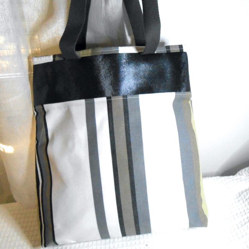 Cabas skai noir tissus rayé gris beige noir trapeze