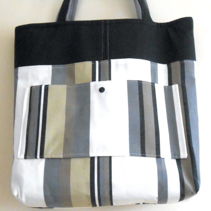 Cabas skai noir tissus rayé gris beige noir droit poche devant