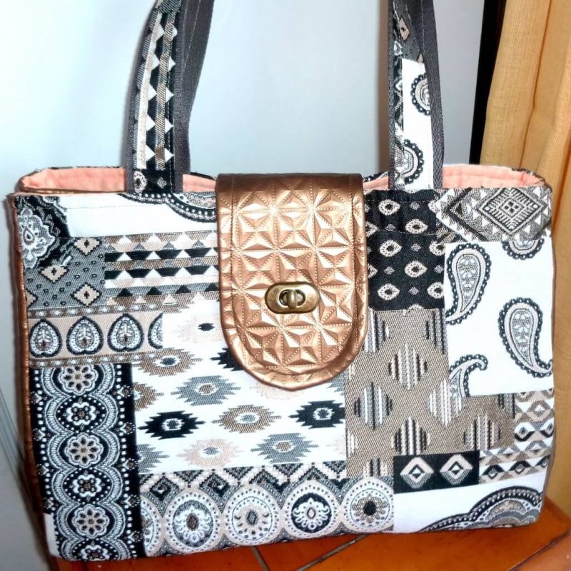 Sac de ville gris tissus patchwork et skai cuivré
