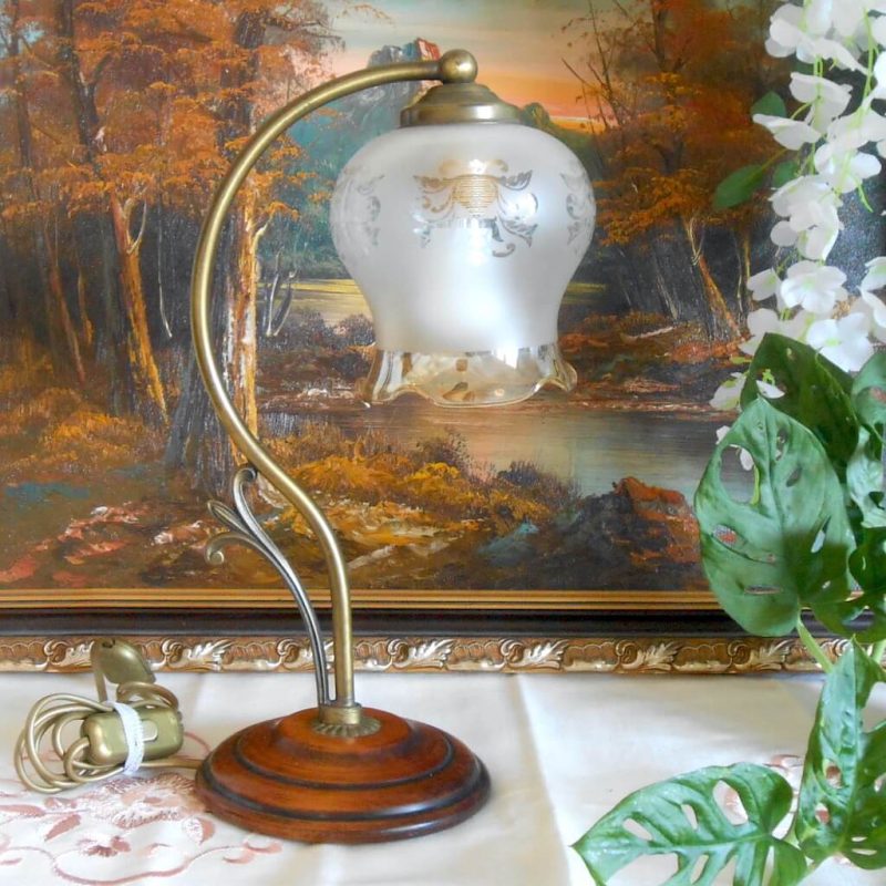 Lampe - Vintage Socle Bois AbatJour Verre