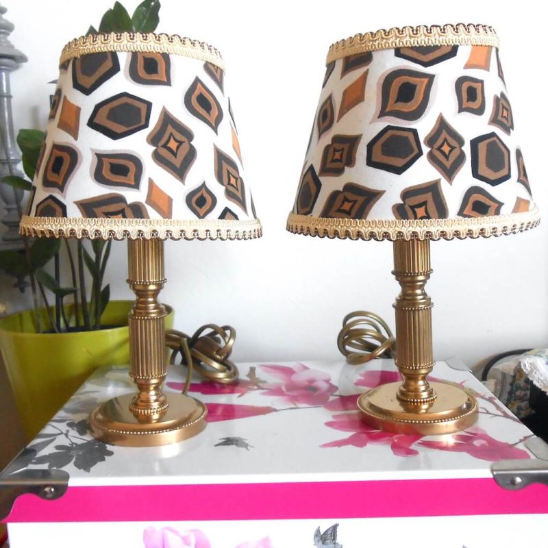 Lampe 2 - paire pied laiton doré abatjour motifs marron_beige