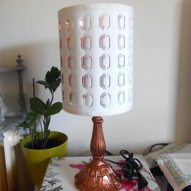 Lampe - pied cuivre rosé abatjour blanc intérieur cuivre rosé